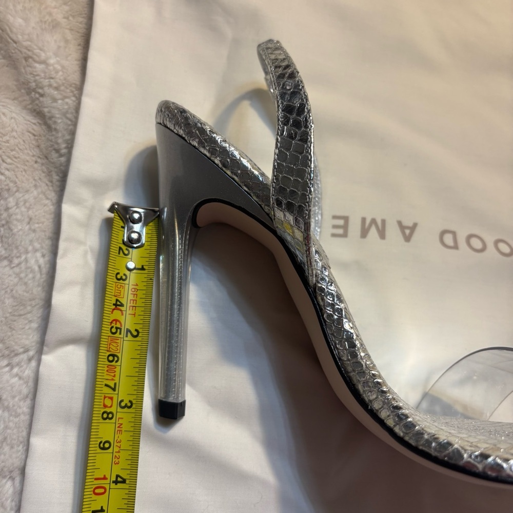 NEW Good American Heels Size 7 Metallic Silver Clear front Strap Made in Spain - Picture 12 of 16